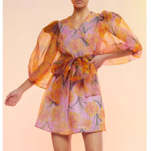 Cynthia Rowley Pink Floral Daffodil Organza Puff Sleeve Mini Wrap Dress Size XS